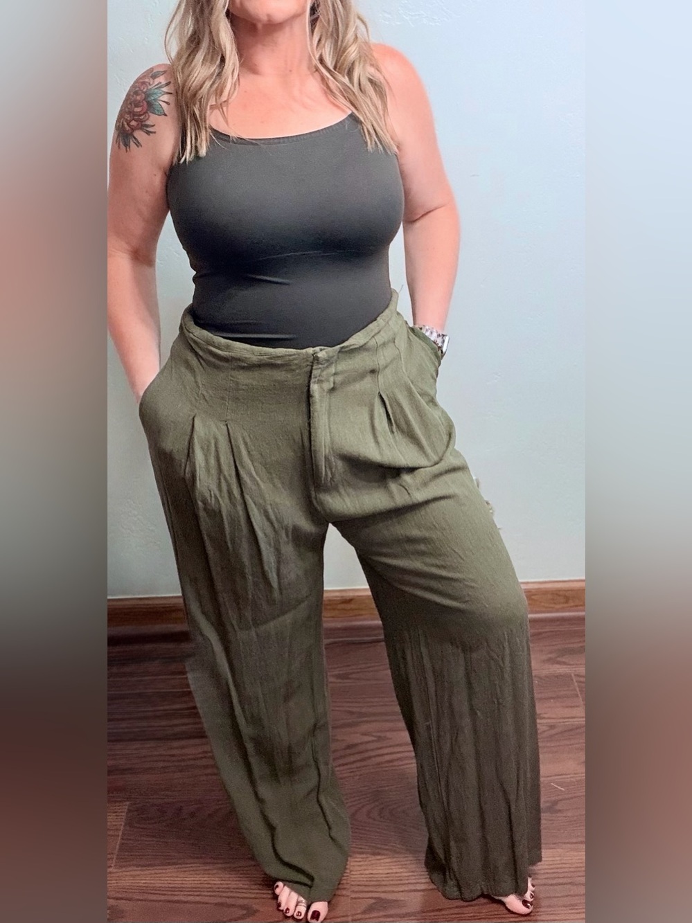 SHEIN Olive Green Wide Leg Pleated Pants XL High Waist Trouser
